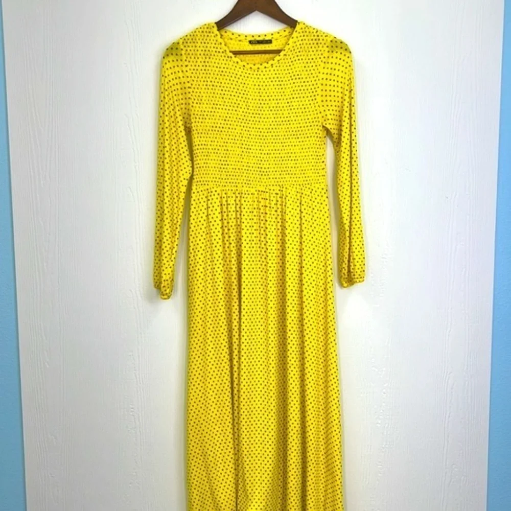 Zara - Yellow And Black Polka Dot Long Sleeve Maxi Dress Size Small